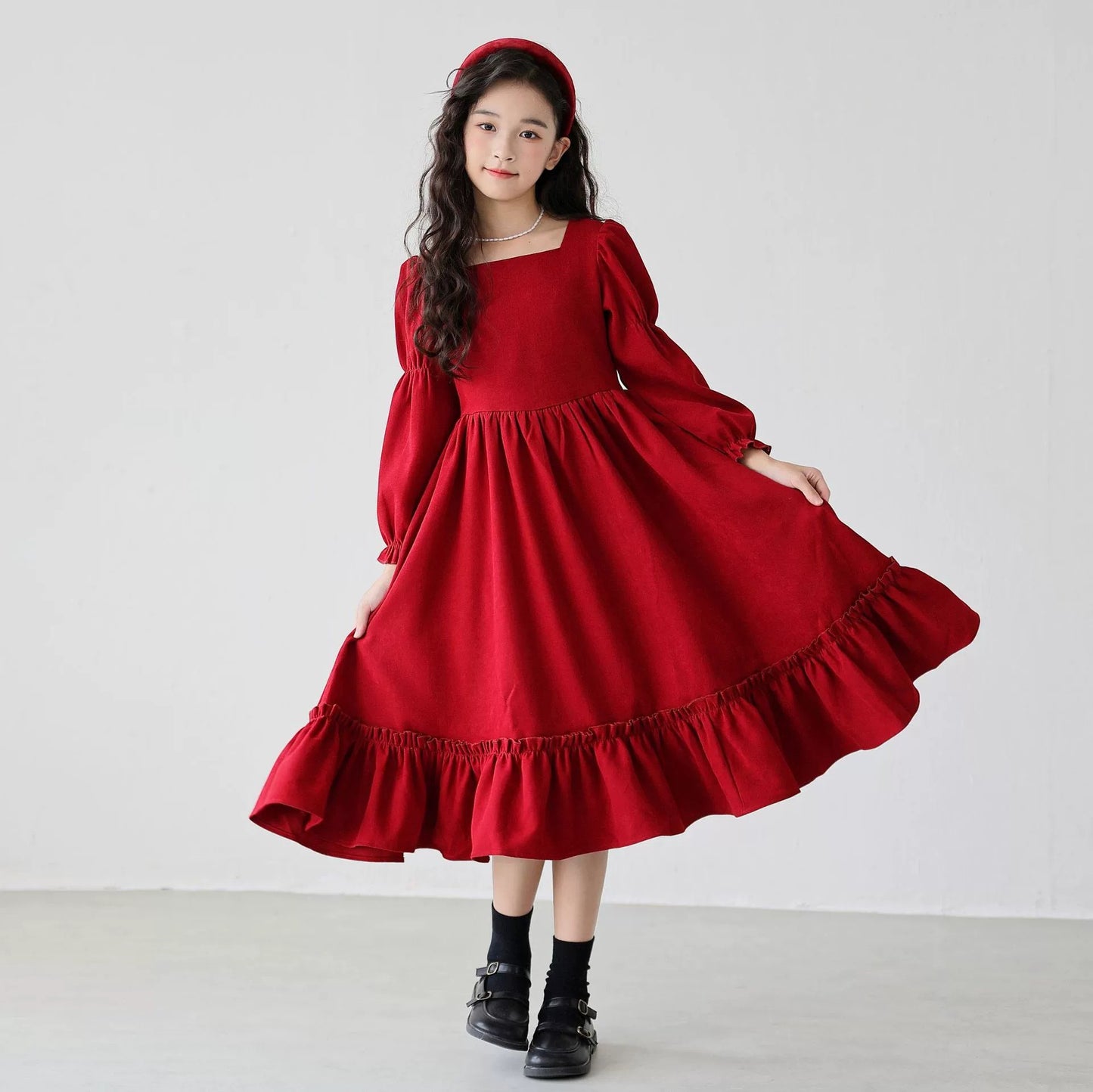 Children's Autumn Clothes Princess Square Collar Red Fashionable Children's Dress