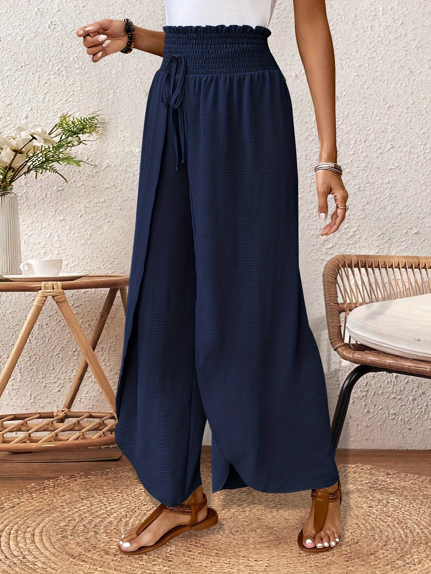 Women's Elegant Split Trousers Loose Waist Drawstring Casual Pants