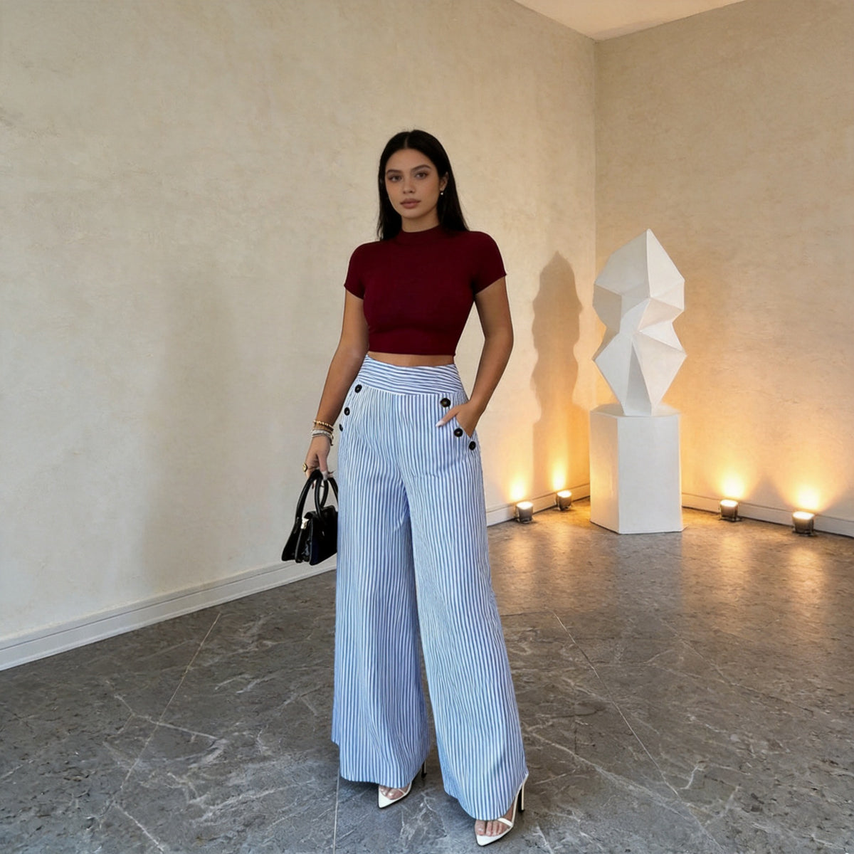 Women's Waist Wide Leg With Vertical Stripes Thin Casual Pants