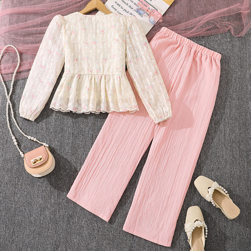 Children's Clothing Spring Fashion Sweet Temperament Lace Crocheted Long Sleeve Top Children's Suit