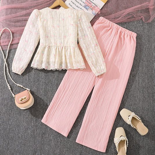 Children's Clothing Spring Fashion Sweet Temperament Lace Crocheted Long Sleeve Top Children's Suit
