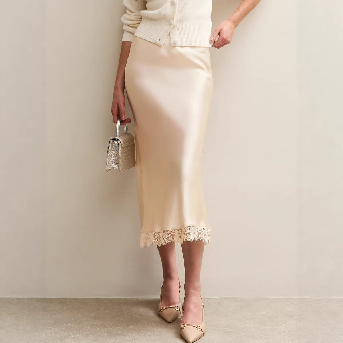 Lace Satin High Waist Elastic A- Skirts