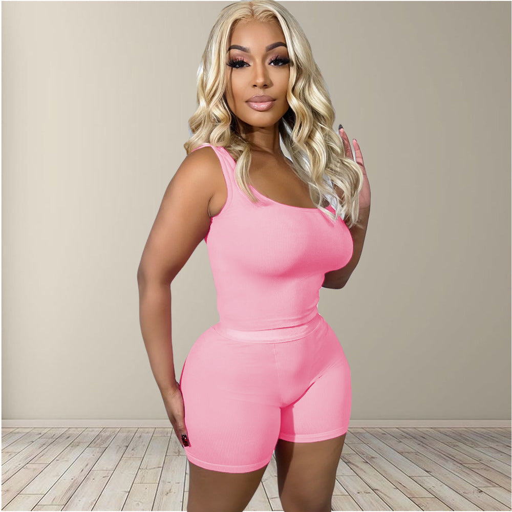 Women's Solid Color Rib Fabric Sports Two-piece Fashion Casual Suit