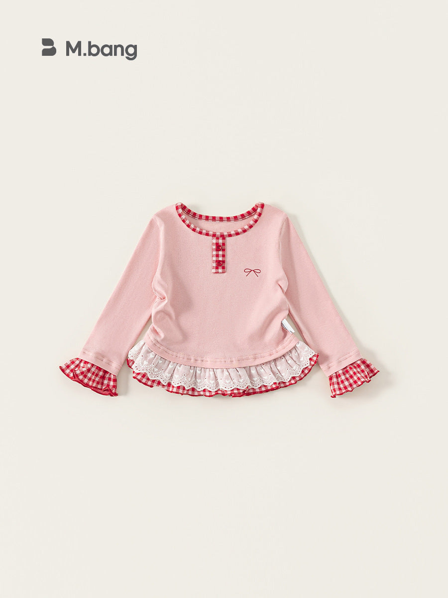 Children's Sleeve Plaid Elements Sisters Outfit Stitching Lace Children's T-shirt