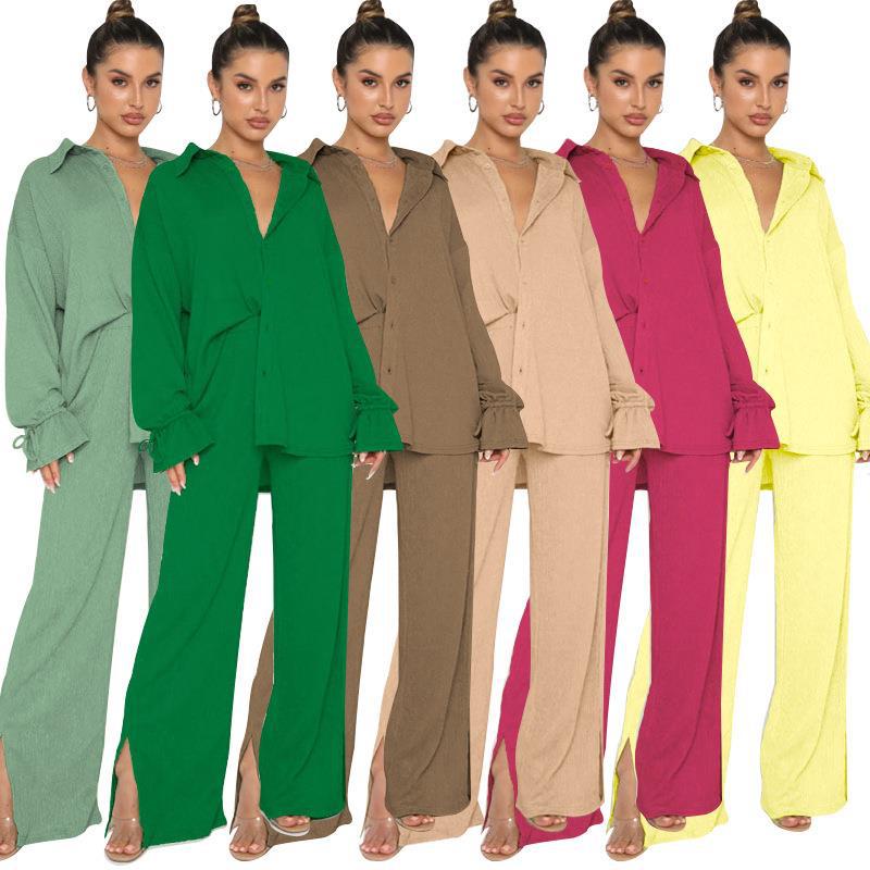 Women's Spring Solid Color Polo Collar Single-breasted Long Sleeve Tied Tops