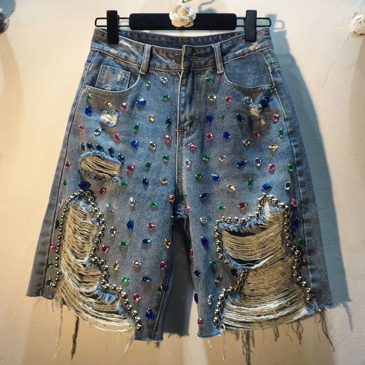 Women's Color Rhinestone Beaded Ripped Denim Diamond Studded Women's Jeans