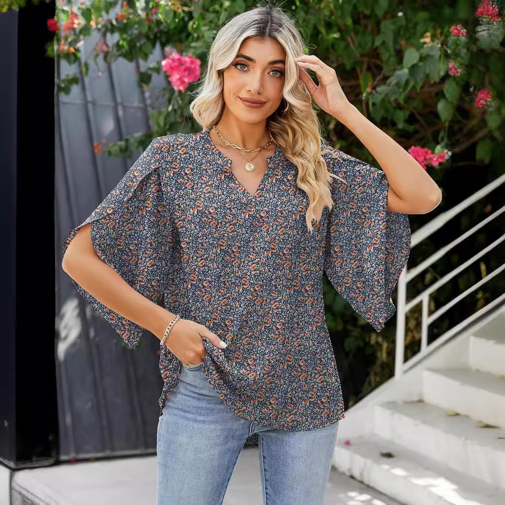 Glamorous Women's Printed Loose Petal Sleeve Lace Shirt, Chiffon Shirt