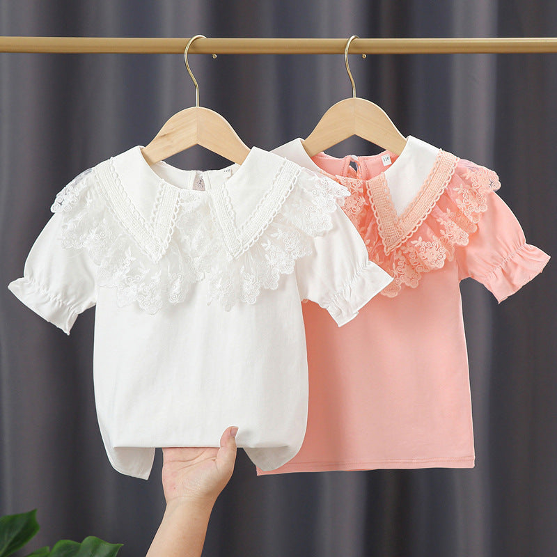 Short-sleeved Summer Thin Western Style Cotton Col Claudine Top Children's T-shirt
