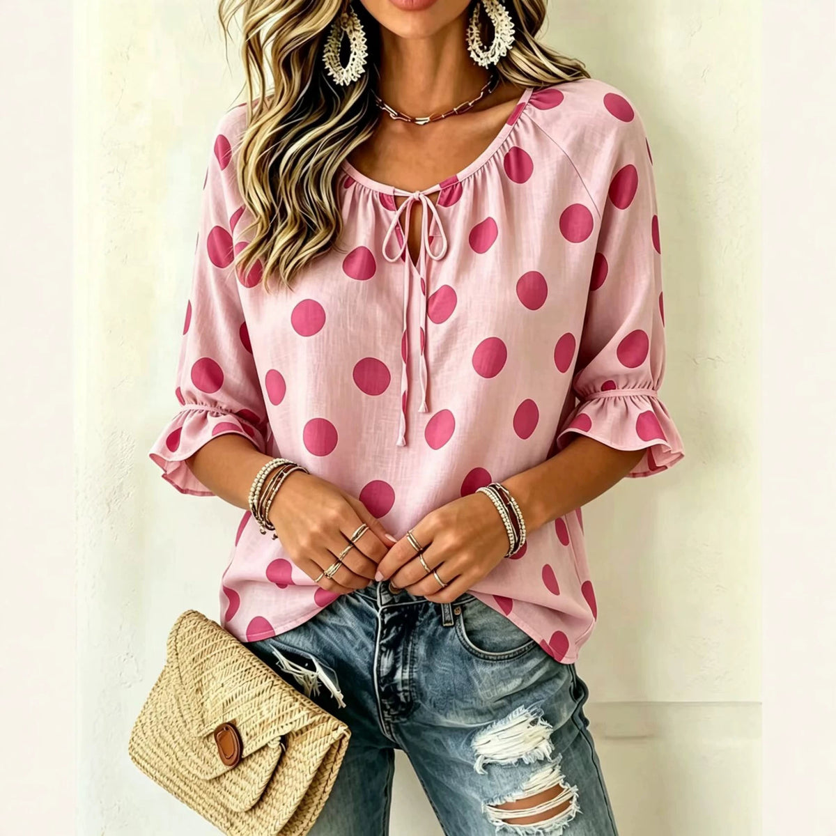 Women's Summer Printed Polka Dot Round Neck Tied Tops