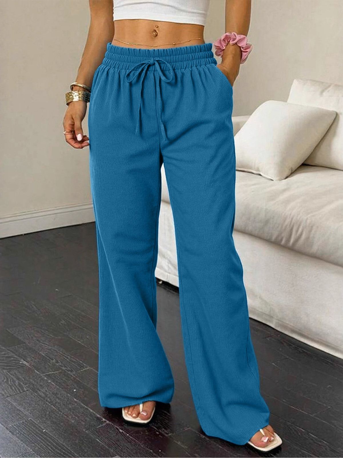Women's Elastic High Waist Loose Pockets Trousers Casual Pants
