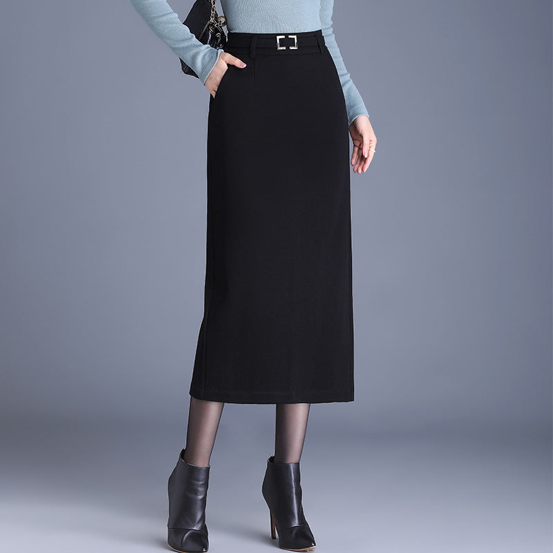 Women's Elegant Woolen Straight High Waist Commuting Figure Flattering Sheath Mid-length Skirt