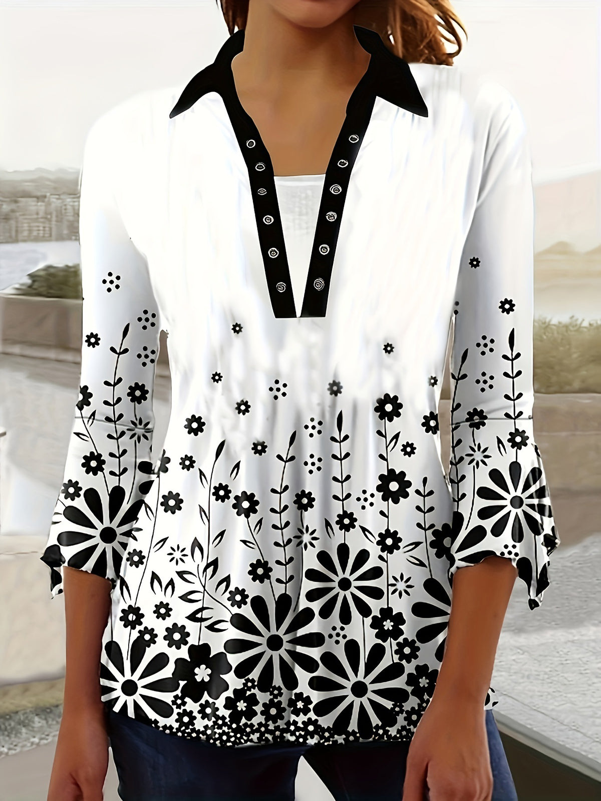 Autumn Print Polo Collar Irregular Sleeve Women's T-shirt