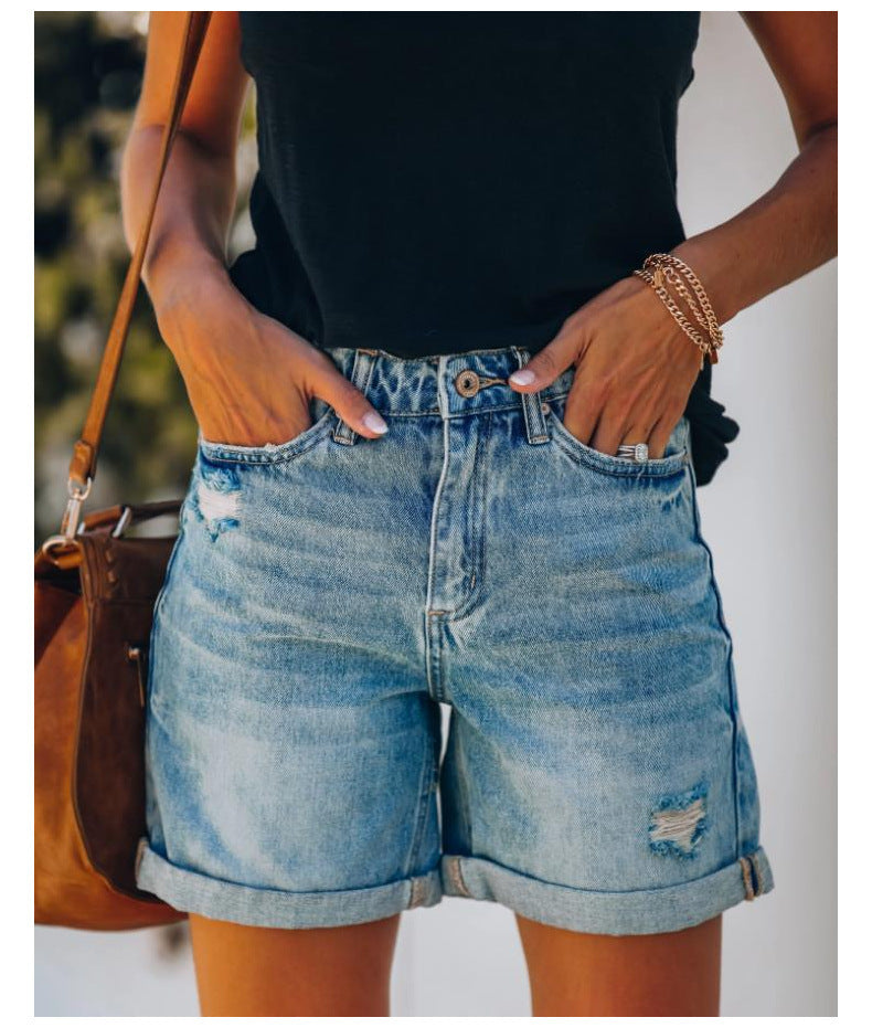 Women's Trade Temperament Leisure Ripped Curling Cropped Shorts