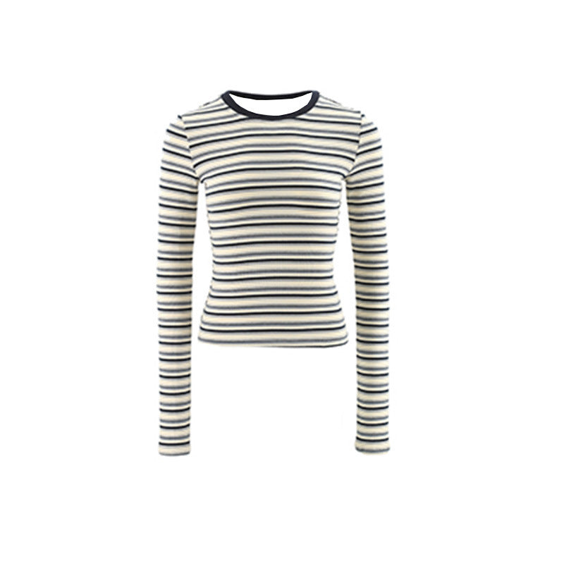 Women's Color Striped Spring Long-sleeved Bottoming Shirt Retro Warm Slim Fit Tops