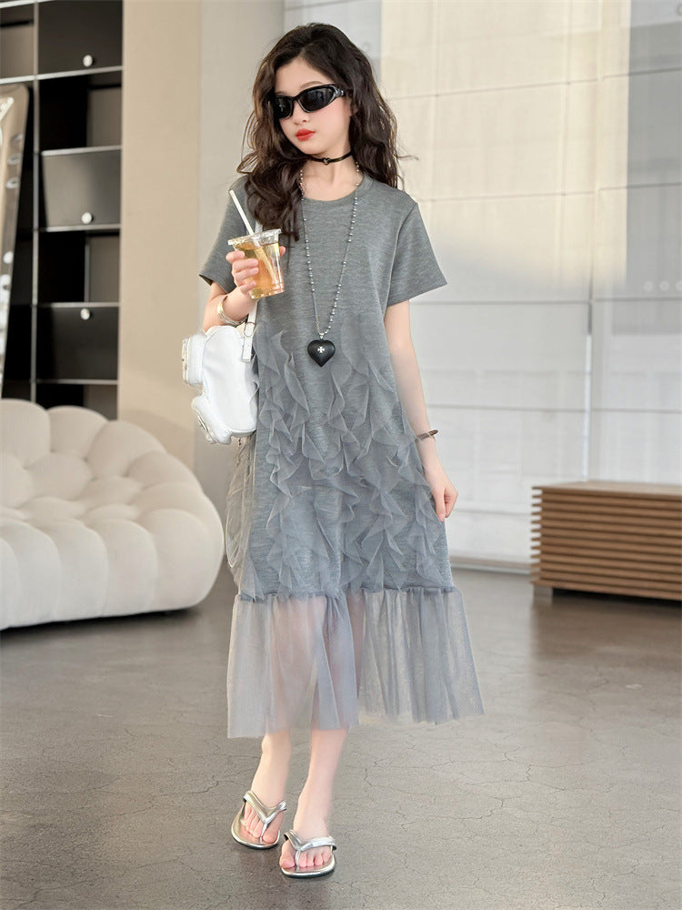 Gray Mesh Stitching For Middle Big Western Style T-shirt Children's Dress