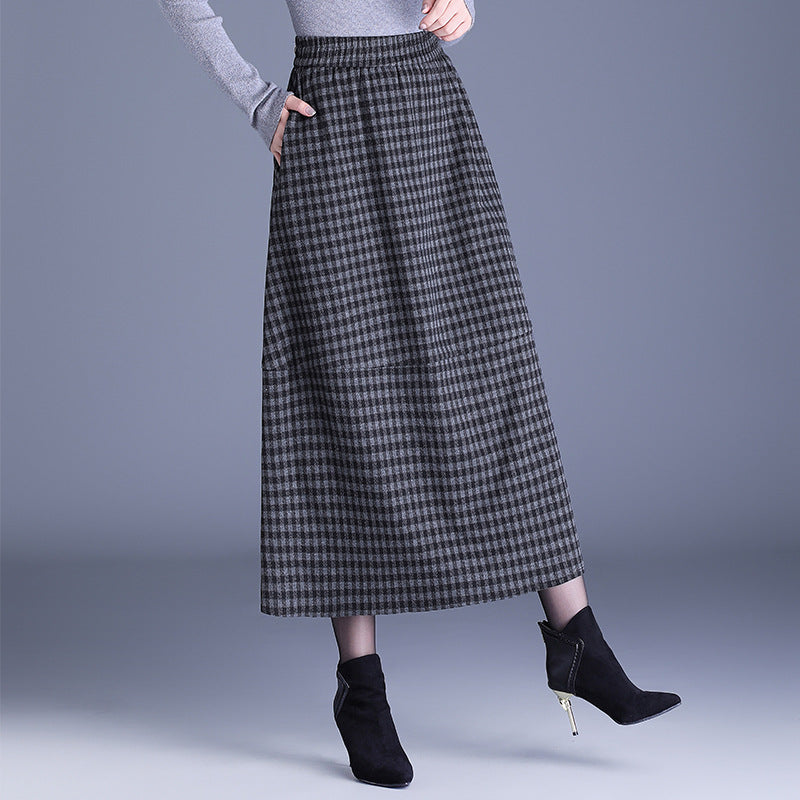 Plaid Mid-length Fashion Casual Elastic Waist Skirt
