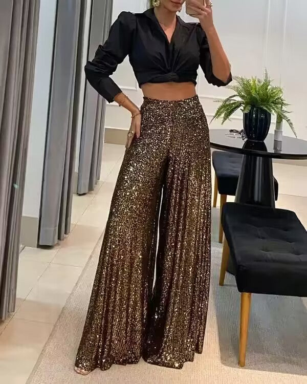 Elegant Commuter Everyday Style Solid Color Shiner Wide Leg Casual Pants