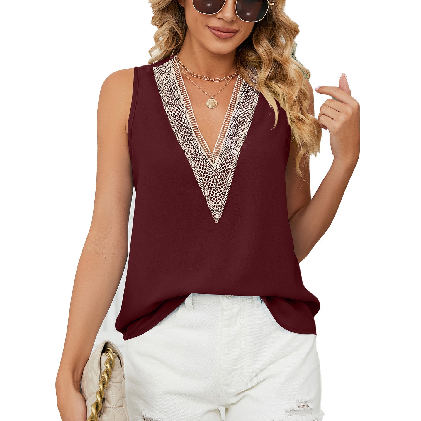 Summer Solid Color Loose Pullover Sleeveless Lace Shirt, Chiffon Shirt