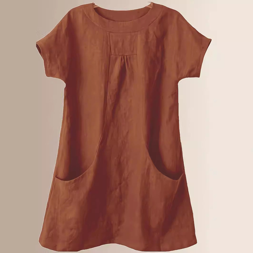 Women's Cotton Round Neck Pocket Shirt Blouse