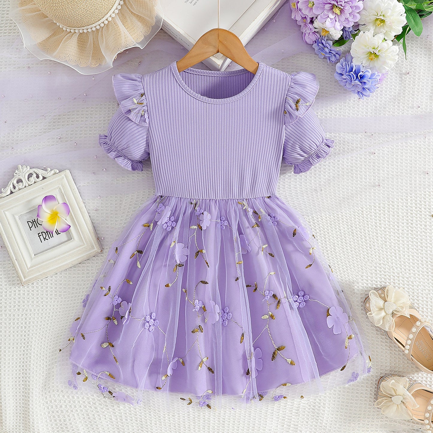 Sunken Stripe Long Sleeve Mesh Embroidered Princess Bow Birthday Children's Dress