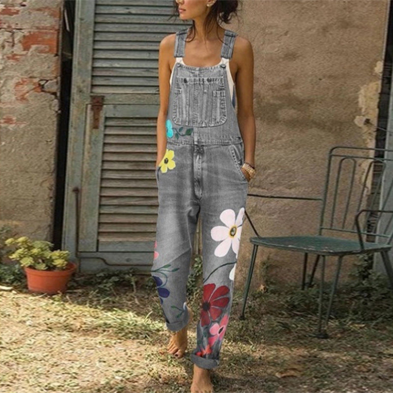 Women's Washed Cotton Polyester Printed Straight Bib Women's Jeans