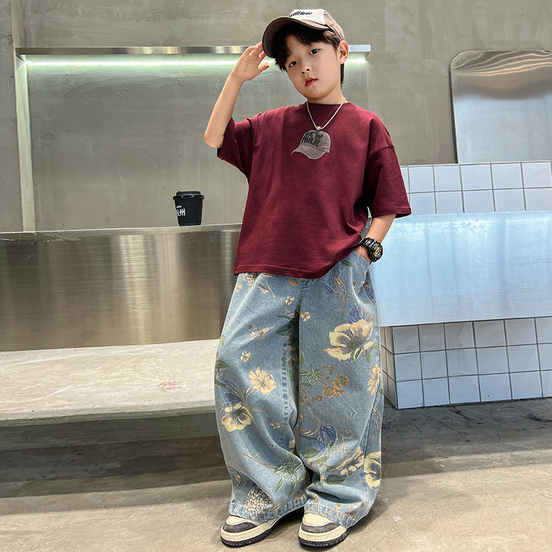 Pants Printed T-shirt Flower Jeans Two-piece Medium Big Children's Suit