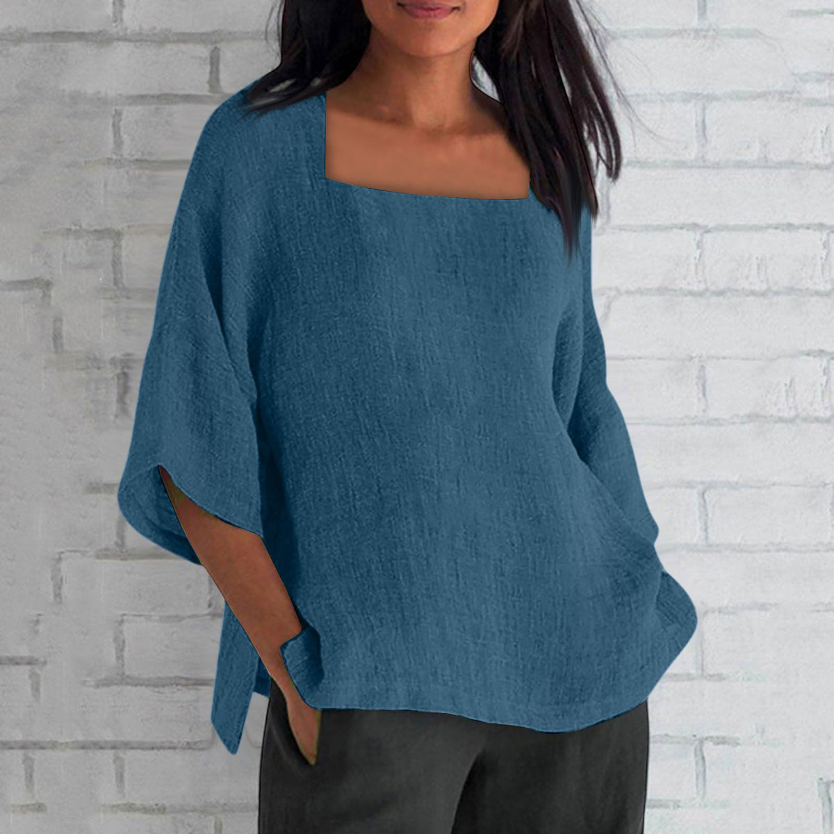 Women's Three-quarter Sleeve Square Collar Cotton Linen Blouse