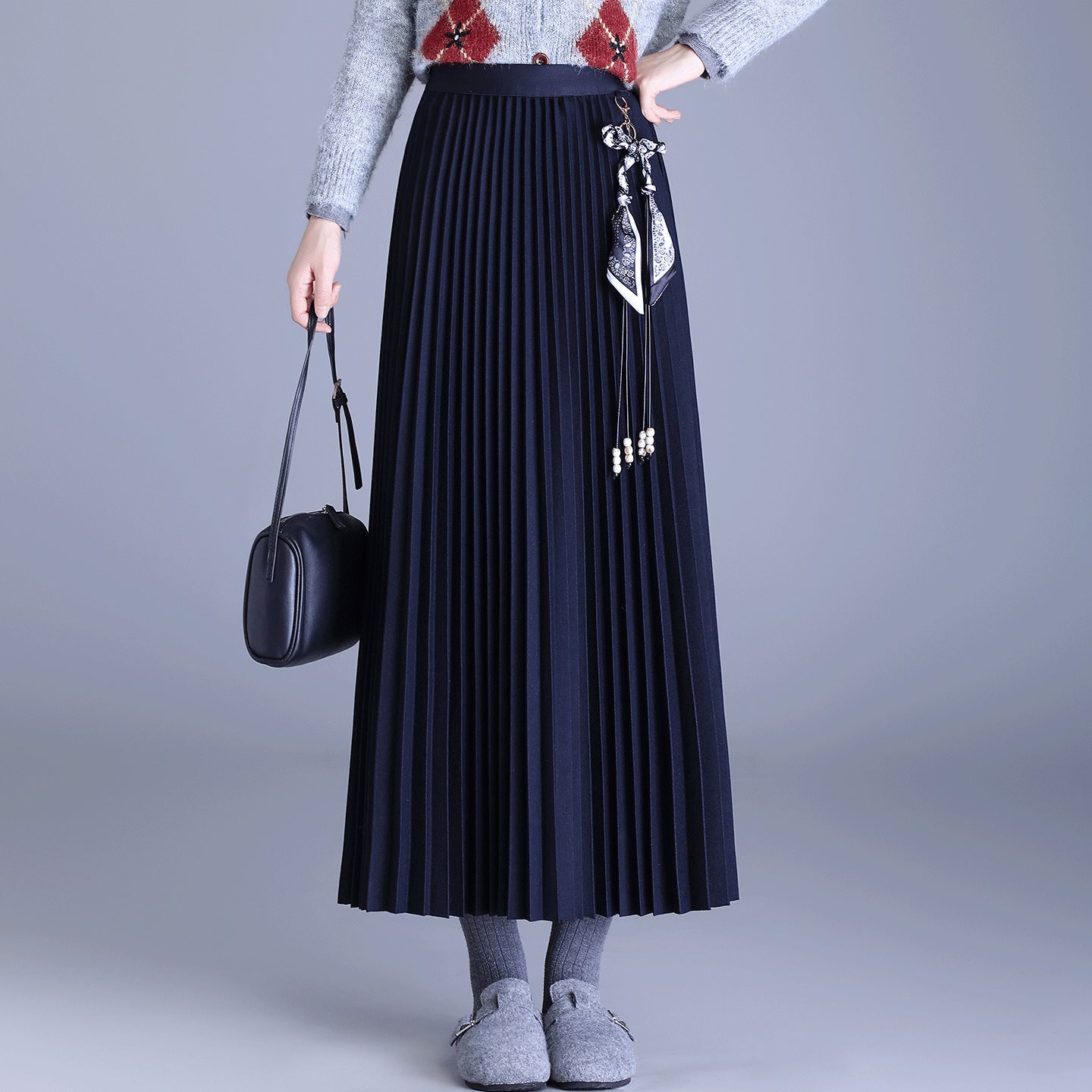 Scarf Pleated Thickened Woolen Mid-length High Waist Slimming Skirts