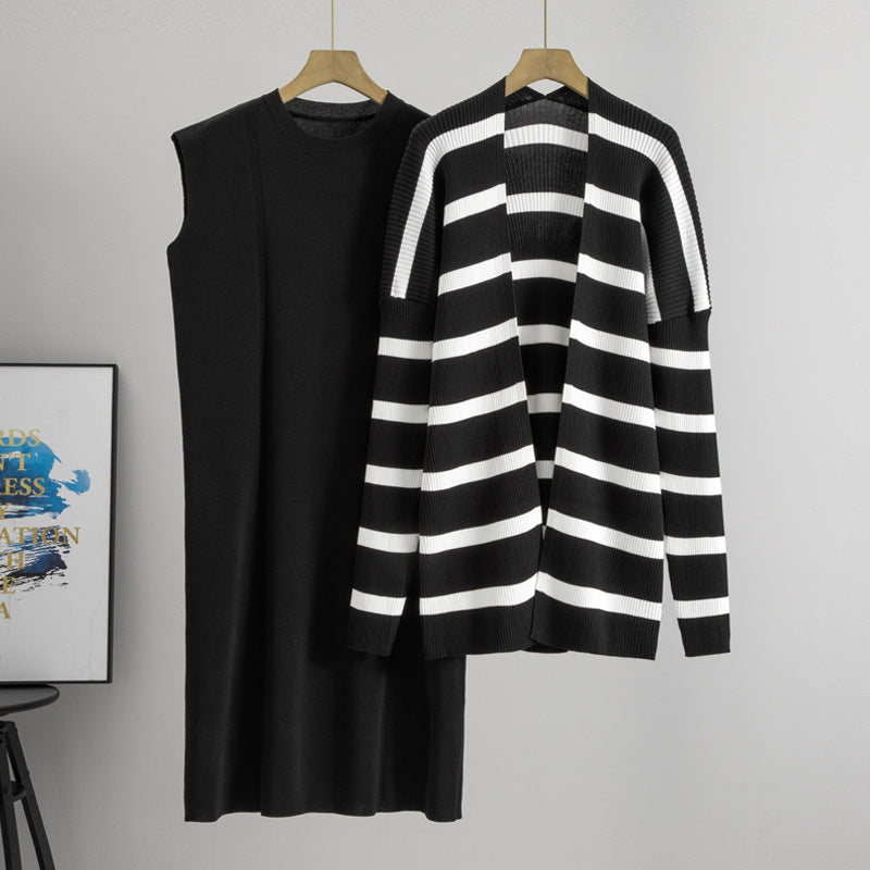 Women's Dress Autumn Loose Mid-length Striped Knitted Fashion Casual Suit