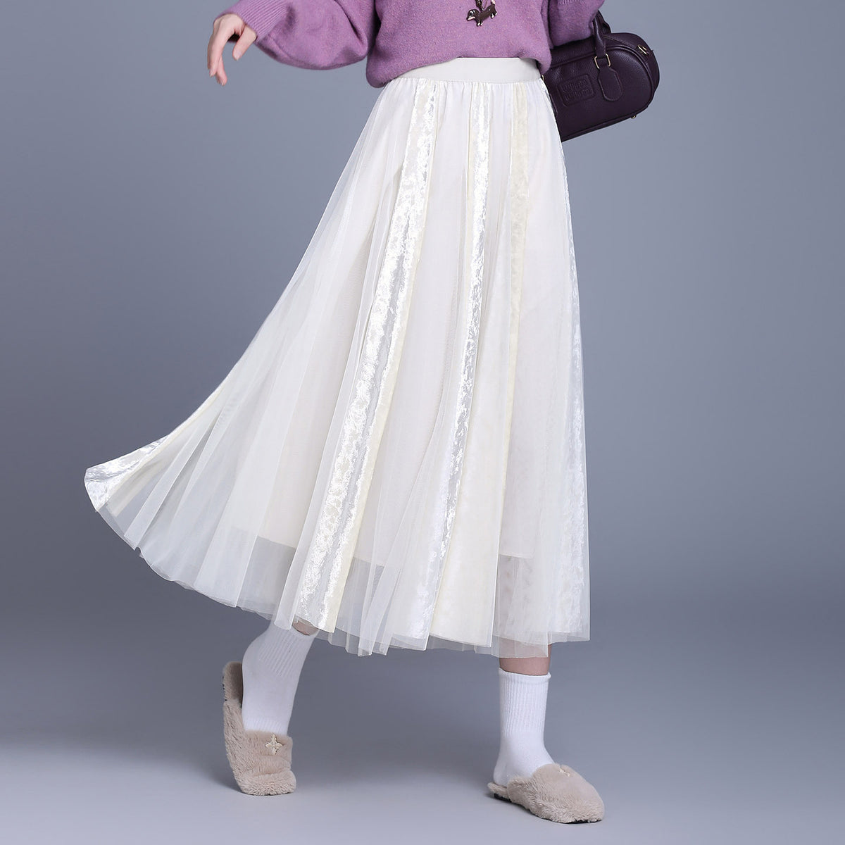 Women's Young Elegant Veet Mesh Patchwork Autumn Skirts