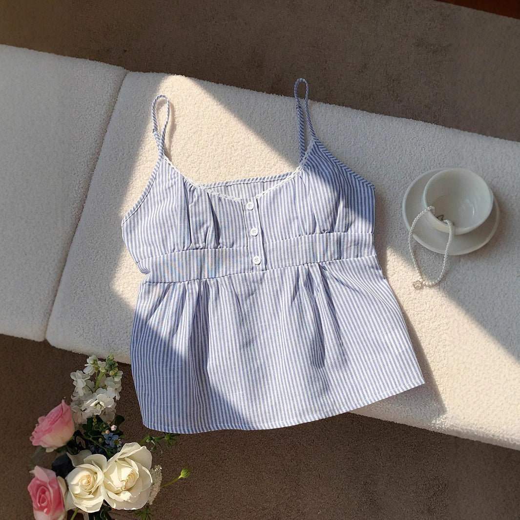 Fashionable Blue Striped Lace Collar Camisole Small Vest/suspenders/tube Top