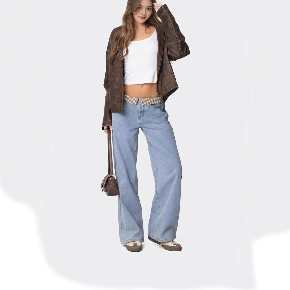 Women's Checked Cloth Color Loose Casual Denim Trousers Pants