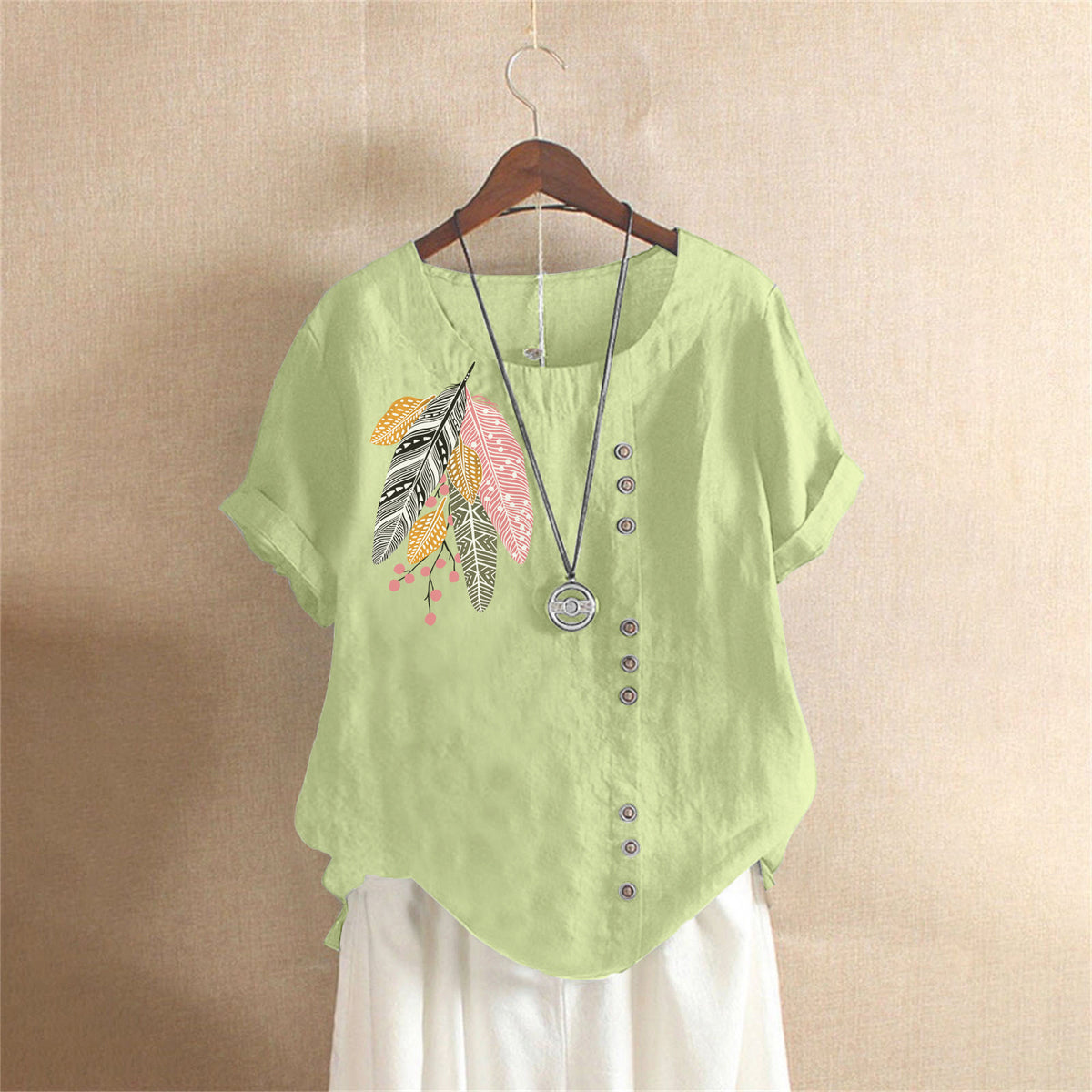 Women's Summer Retro Large Casual Loose Cotton Linen Sleeve Women's T-shirt