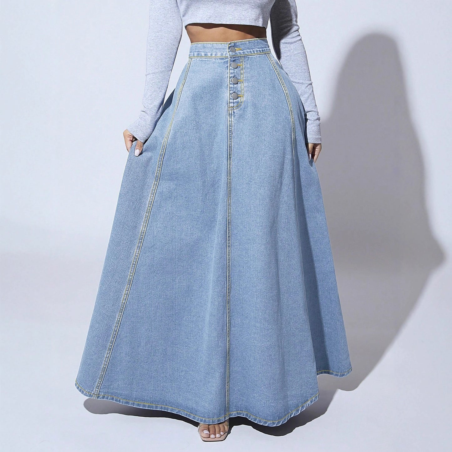 Versatile Women's Denim Design Single-breasted Line Skirt