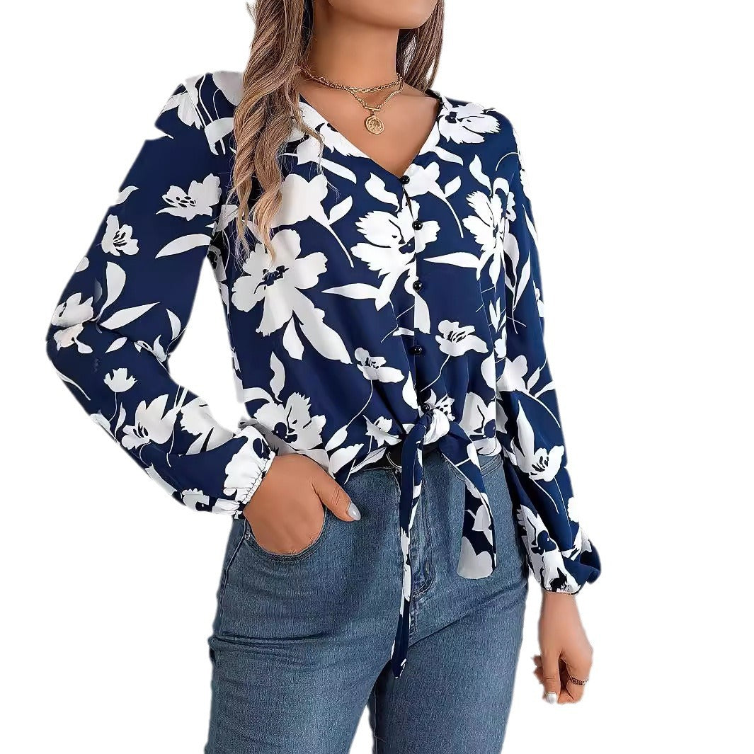 Women's Casual Contrast Color Flower Lantern Sleeve Lace Shirt, Chiffon Shirt