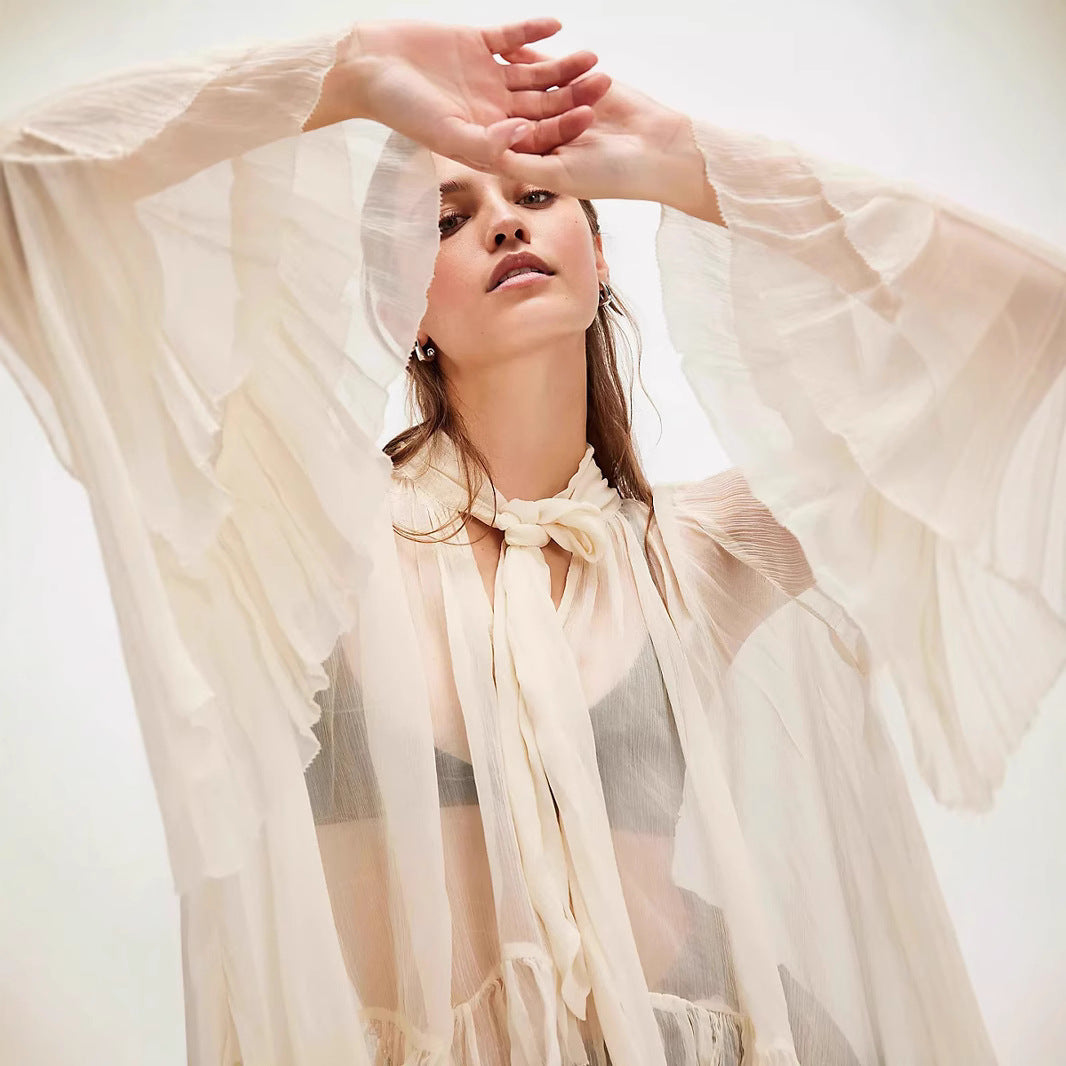 Oversized Swing Bow Tie Belt Printed Lantern Sleeve Personalized Lace Shirt, Chiffon Shirt