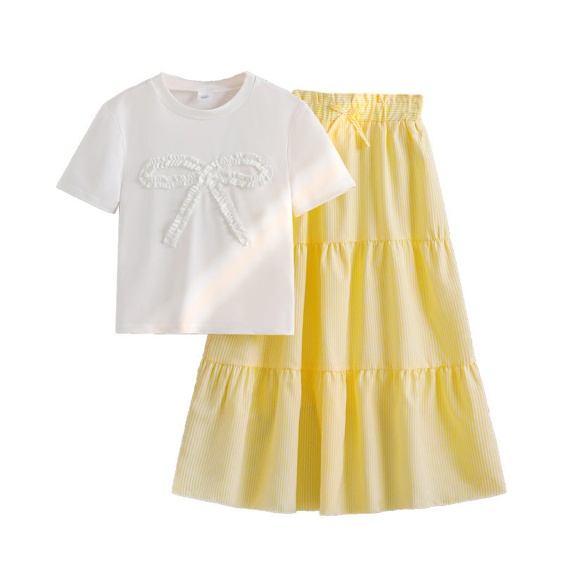 Bow Short-sleeved Shirt Bohemian Style Tiered Children's Suit