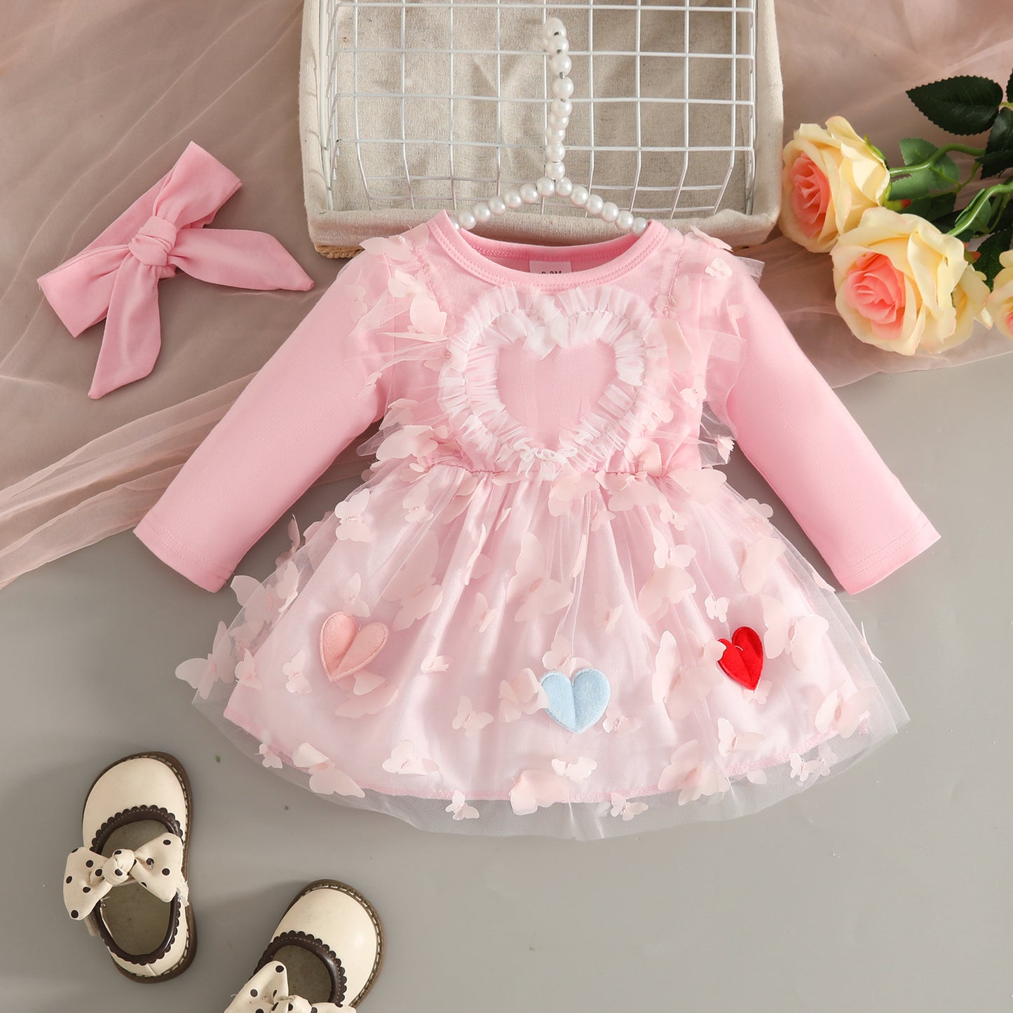 Knitted Fabric Butterfly Mesh Stitching Solid Color Long Sleeve Children's Dress