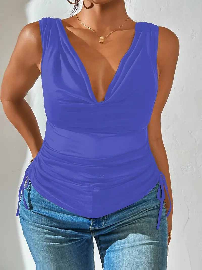 Fashionable Sexy Pile Collar Deep V Solid Color Drawstring Small Vest/suspenders/tube Top