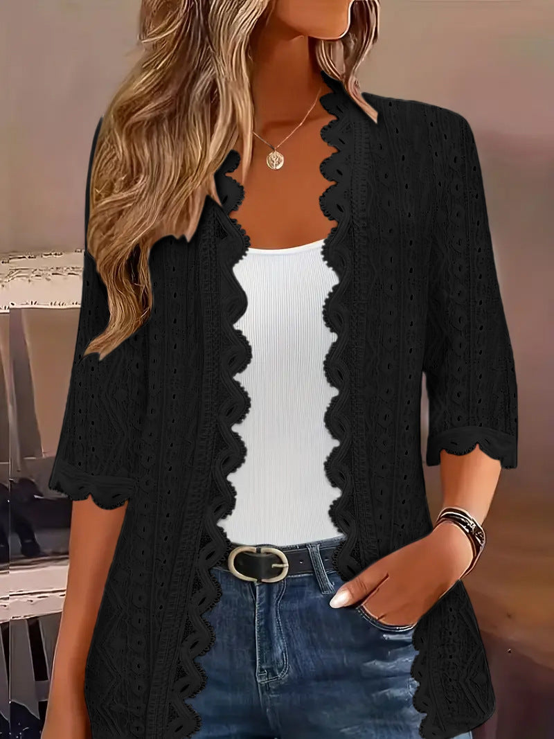 Women's Half Sleeve Knitted Hollow Lace Neckline Women's T-shirt