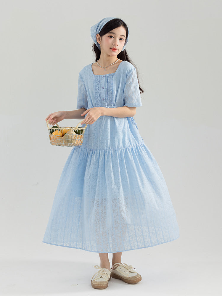 Large Summer French Square Collar Loose Artistic Mori Style Mid-length Children's Dress