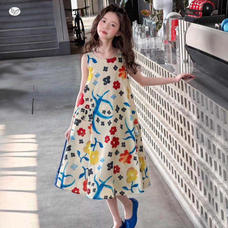 Children's Vest Vacation Style Beach Long Floral Children's Dress