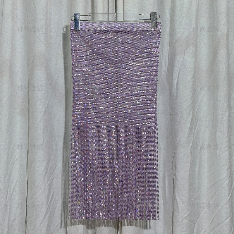 Women's Fashionable Tassel Mid-length High Waist Slimming Sheath Performance Wear Skirt
