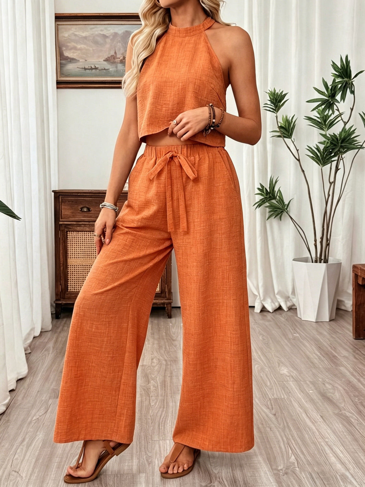 Women's Halter Sleeveless Wide Leg For Two-piece Fashion Casual Suit