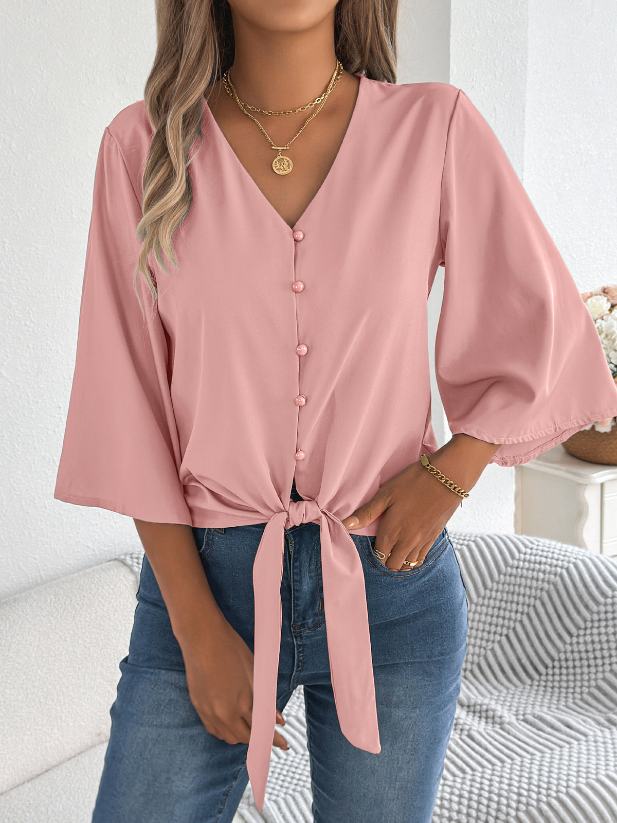 Women's Casual Button Three-quarter Sleeve Knotted Lace Shirt, Chiffon Shirt