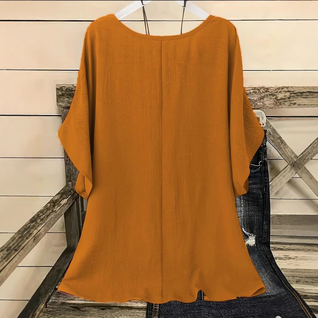 Women's Summer Retro Crew Neck Solid Color Cotton Linen Tops