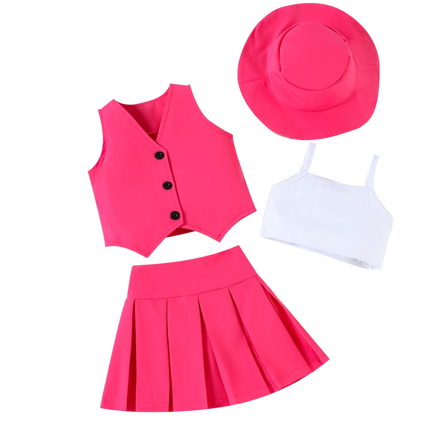 Fashion Single Breasted Vest Camisole Top Pleated Skirt Hat Children's Suit