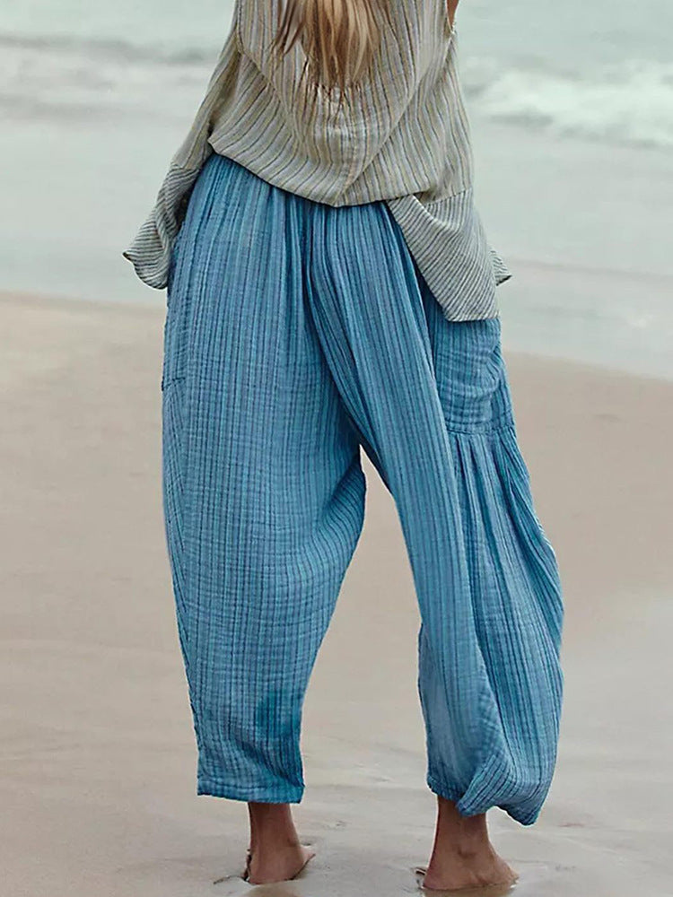 Women's Stripes Elastic Waist Cropped Pleated Breathable Contraction Pants