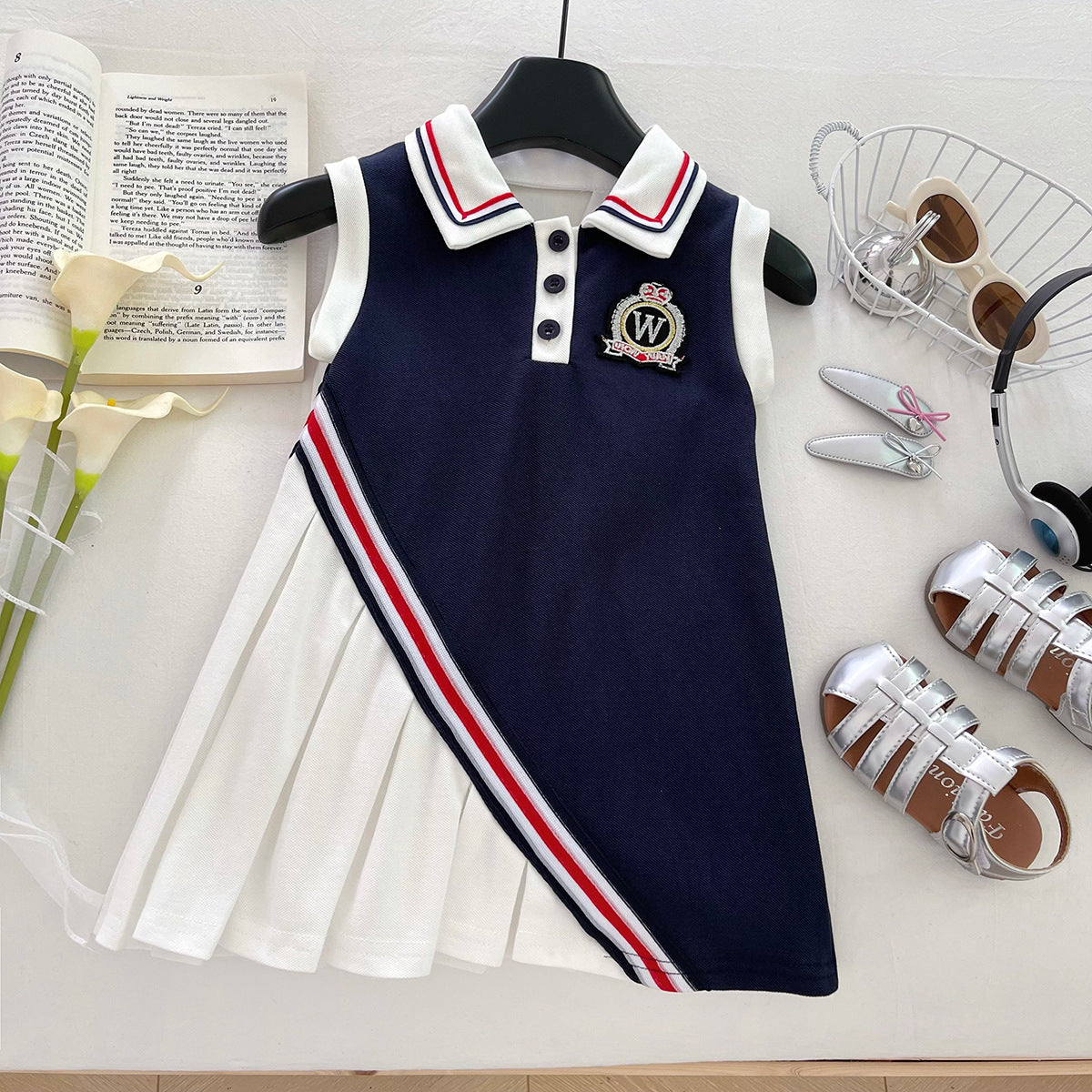 Preppy Style Little Vest Color Matching Collar Sleeveless Children's Dress