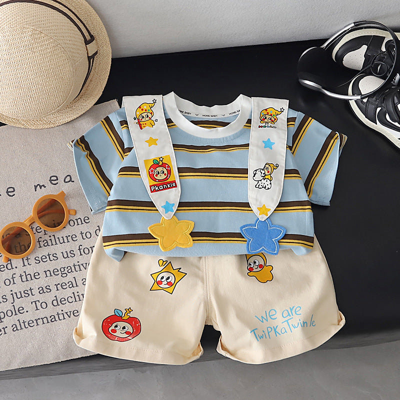 Children's Clothing Cartoon Striped Shawl Short Sleeve Clothes Two-piece Children's Suit